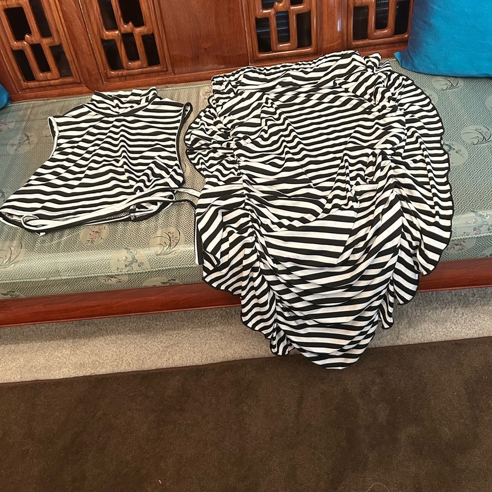 Black and White Striped 2 piece skirt and top with Sleeveless Top tie back.